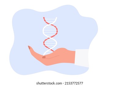 Hand of scientist holding DNA molecule. Biologist or chemist studying or analyzing structure of flat vector illustration. Biology, science concept for banner, website design or landing web page