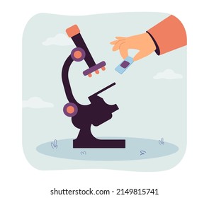 Hand of scientist holding glass slide with biopsy. Research of medical pathology by person using lab microscope flat vector illustration. Science concept for banner, website design or landing web page