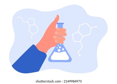 Mano de un científico sosteniendo el tubo de ensayo de laboratorio con líquido. Experimento químico en laboratorio y análisis por ilustraciones de vector planas de persona. Concepto de química para banner, diseño de sitios web o página web de aterrizaje