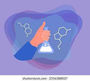 Hand of scientist holding lab test tube with liquid. Chemical experiment in laboratory and analysis by person flat vector illustration. Chemistry concept for banner, website design or landing web page