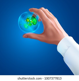 Hand of a scientist in white coat holding Petri dish with colony of bacteria or fungi. Biotechnology or Microbiology concept. Science experiment. Round glass test tube Petri dish to culture bacteria.