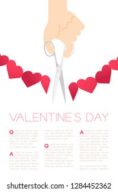 Hand with scissors cut Heart paper chain, Valentine's day concept layout poster template design illustration isolated on white background with copy space