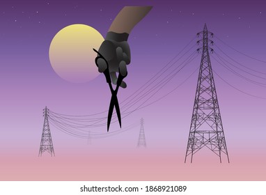 Mano con tijeras cortan el cable eléctrico por la noche, corte de energía, concepto de apagón