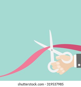 Hand scissors cut the ribbon on the right. Opening ceremony. Inauguration Flat design style. Vector illustration