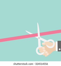 Hand scissors cut the straight ribbon right. Opening ceremony. Inauguration Flat design style. Vector illustration