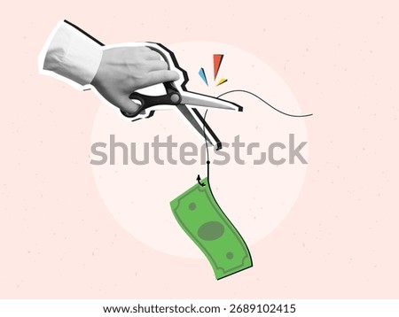 A hand with scissors cuts a fishing line with a dollar bill hanging from a fishing hook - an anti-fraud concept. Modern collage style. Vector illustration