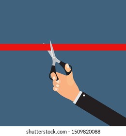 Hand scissors cutting red ribbon. Grand opening concept. Vector Illustration EPS10