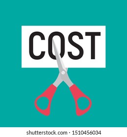 Hand scissors cutting word COST. Sale concept. Vector Illustration EPS10