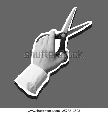 A hand with scissors. Modern photo collage element. Vector illustration