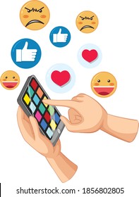 Hand scolling the phone with emoticon surrounding illustration