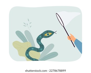 Hand with scoop net catching snake vector illustration. Snake with big eye on white background. Symbol of world government. Conspiracy, animal, providence, mysticism concept