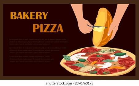 Hand Scraping delicious creamy Raclette Cheese melting on Mushroom Tasty pizza with champignons,chanterelles.Delicious Italian food.Web Horizontal banner template, place for text.Illustration isolated