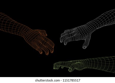 Hand scratching gesture. Isolated on black background. Vector wireframe illustration.