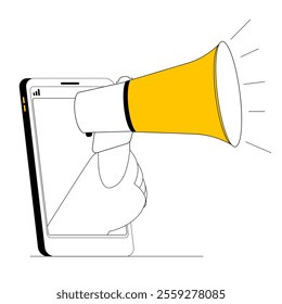 A hand with a screaming megaphone sticks out of a smartphone. Vector illustration in a flat style on the topic of attracting followers.