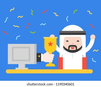 Hand in screen giving a cup to Arab businessman, online competition concept
