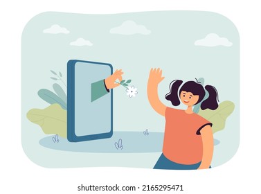 Hand From Screen Of Mobile Phone Giving Daisy Flower To Girl. Virtual Gift For Tiny Little Friend Flat Vector Illustration. Relationship Concept For Banner, Website Design Or Landing Web Page