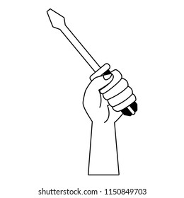 Hand with screwdriver in black and white