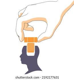 Hand screwing a screw into the head. Mental health and politic concept