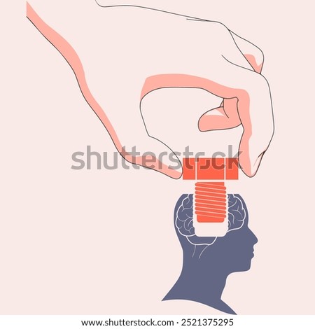 Hand screwing a screw into the head. Mental health and politic concept. Productivity, effectiveness. Intelligence and knowledge development with brain performance.