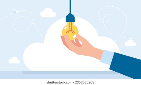 A hand screws an electric light bulb into the lampshade. Concept of new idea, enlightenment. Man screws in light bulb in the chandelier. Connect lightbulb for light indoors. Vector illustration.