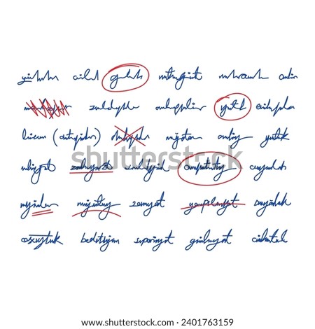 hand scribble line lettering on white background. doodle handwriting concept. proof notes on text. corrections on the text