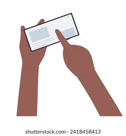 Hand scrolling on phone. Smartphone user, internet feed watching cartoon vector illustration