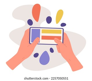 Pantalla de teléfono inteligente de desplazamiento manual. Manos humanas sosteniendo el teléfono celular, teléfono móvil en manos planas caricatura vectorial ilustración de fondo blanco