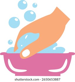 Hand scrubbing soap in a pink bowl with bubbles, depicting personal hygiene practice in a fun and illustrative manner for visuals or apps.
