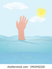 Hand in sea. drowning. vector