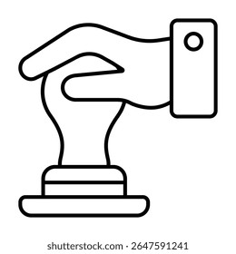 Hand and seal stamp thin line icon, jurisprudence concept. Vector graphics. Notary lawyer hand with signet, justice sign on white background, style mobile or design
