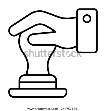 Hand and seal stamp thin line icon, jurisprudence concept. Vector graphics. Notary lawyer hand with signet, justice sign on white background, style mobile or design