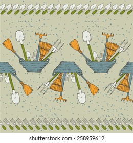 Hand seamless drawn pattern with gardening tools  . Ukraine