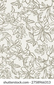 Hand Seamless pattern linear floral design. Abstract, hand-drawn, large, light-colored outlines of flowers and leaves on beige background. Modern, fashionable print for fabric, textiles, clothing, and home decor. Vector illustration.
