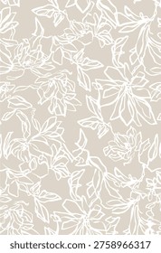 Hand Seamless pattern linear floral design. Abstract, hand-drawn, large, light-colored outlines of flowers and leaves on beige background. Modern, fashionable print for fabric, textiles, clothing, and home decor. Vector illustration.
