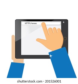 hand searching the internet on a tablet computer