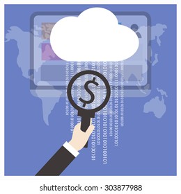 Hand searching for money, flat vector concept design on technology and business background.