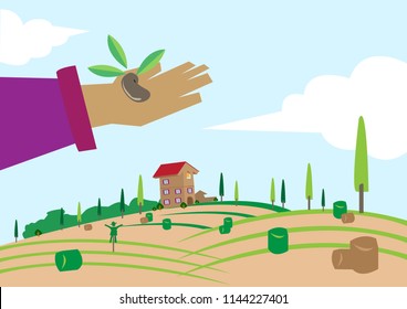A hand with a seed in a farm landscape. Editable Clip Art.
