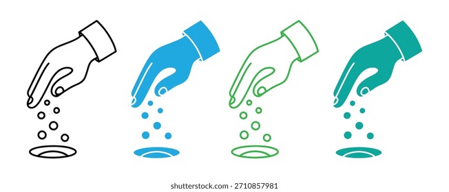 Icono de semilla de mano. Mano humana en un gesto de siembra, rociando partículas Pequeñas como semillas. Símbolo de plantación, crecimiento y agricultura. Sembrando semillas de éxito con coloridos gráficos a mano.