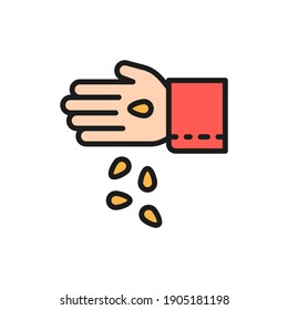 Hand with seeds, gardening, ecology flat color line icon.