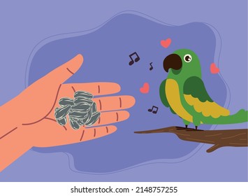 hand with seeds for pet parrot cartoon