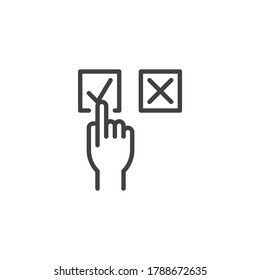 Seleccione a mano el icono de la línea de aprobación. signo de estilo lineal para concepto móvil y diseño web. Icono del vector de contorno de decisión de aprobación manual y eliminación. Símbolo, ilustración del logotipo. Gráficos vectoriales