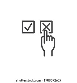 Icono de la línea de declinación de la mano. Signo de estilo lineal de retroalimentación negativa para concepto móvil y diseño web. Icono de vector de contorno de empuje manual para borrar contorno. Símbolo, ilustración del logotipo. Gráficos vectoriales