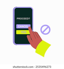 Mão Selecionando Cancelar Ou Prosseguir Opções No Smartphone Na Ilustração De Vetor Plano Simbolizando Tomada De Decisão, Interface Do Usuário E Interação De Aplicativo Móvel, Isolado No Fundo Branco