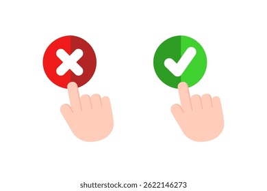 Hand selecting check mark and cross mark. Decision, choice, option, solution, success, correct, fail, reject, decline concepts. Flat vector design isolated illustration.
