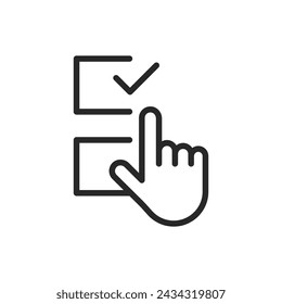 Hand Selecting Choice Icon, Interactive Voting and Decision Making Vector Thin Line Symbol. Touchscreen Ballot Selection for Civic Participation and Polling Sign.