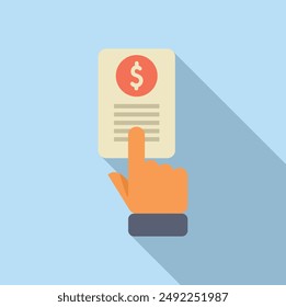 Hand selecting flat design financial document icon for digital touch concept and ecommerce purchase with dollar sign and symbol of wealth management and accounting