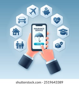 Hand selecting insurance service on touch screen of smartphone. Vector illustration of online insurance service concept