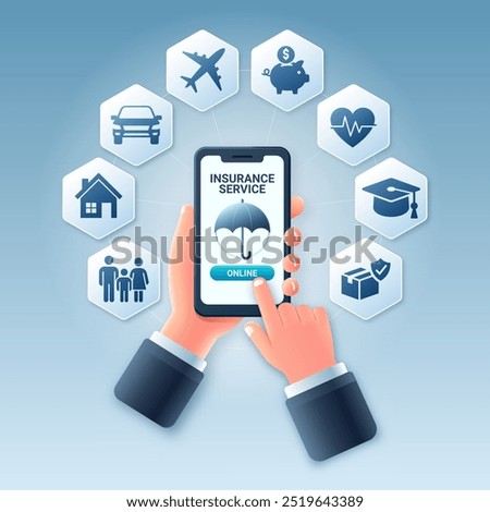 Hand selecting insurance service on touch screen of smartphone. Vector illustration of online insurance service concept