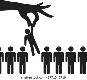 Hand selecting person from crowd, recruitment and choice, individuality, standing out, unique, picking someone.