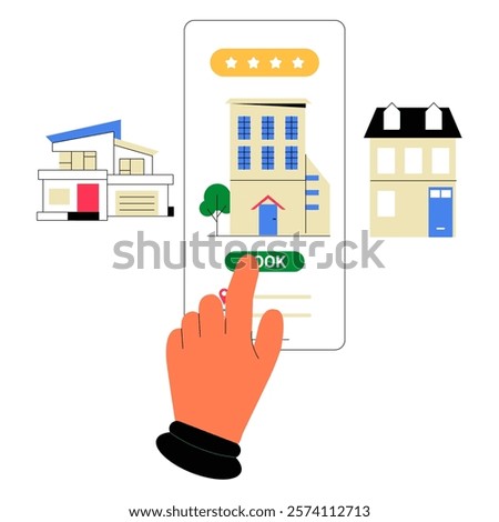Hand Selecting A Property On A Mobile App With Nearby Housing Options In Flat Vector Illustration Symbolizing Online Booking, Real Estate, And Travel Planning, Isolated On White Background.